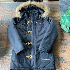 Calvin Klein Girls winter coat Jacket black Med Medium Fluffy hood great cond